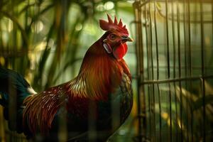A rooster is standing in a cage photo