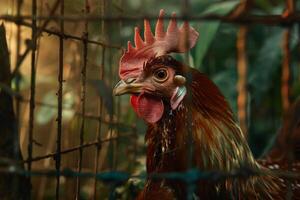 A rooster is standing in a cage photo
