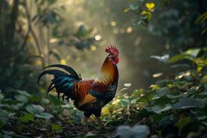 A rooster stands in the middle of a forest photo