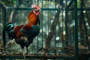 A rooster is standing in a cage photo