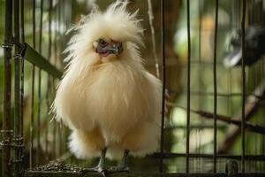A white chicken with a long tail photo