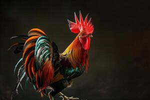 A rooster with bright red feathers standing on a black background photo