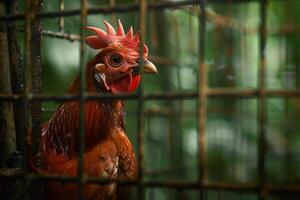 A chicken is standing in a cage photo