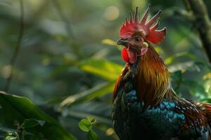 A rooster with a red comb stands in the middle of a forest photo