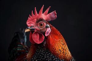 A rooster with a red and black head photo