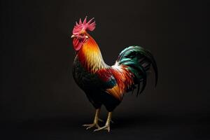 A rooster is standing on a black background photo