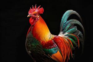 A colorful rooster standing on a black background photo