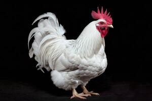 A white rooster with red feathers standing on a black background photo