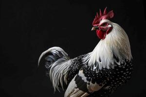 A rooster is standing in front of a black background photo