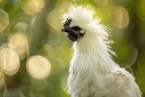 A white rooster with a mohawk standing in front of a blurry background photo