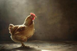 A chicken standing in the sun with light coming from behind photo