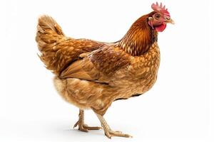 A brown chicken standing on a white background photo
