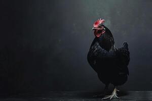 A black rooster standing on a dark background photo