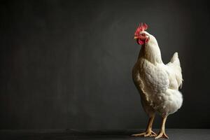 A white chicken standing on a black background photo