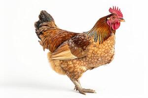 A brown and white chicken standing on a white background photo