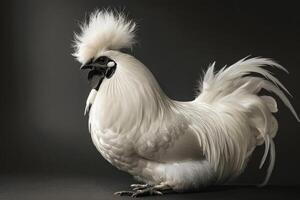 A white rooster with long hair standing on a black background photo
