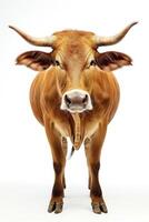 A brown cow with long horns standing in front of a white background photo