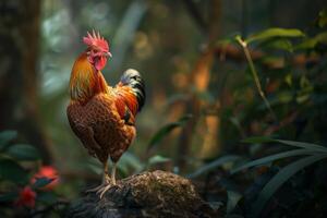 Rooster standing on a rock in the forest photo
