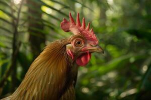 A rooster stands in the middle of a jungle photo