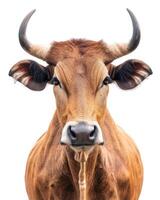 A cow with big horns on a white background photo