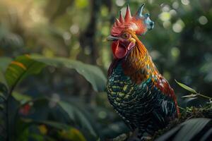 A colorful rooster is standing in the middle of a jungle photo