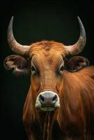 A cow with horns on a black background photo