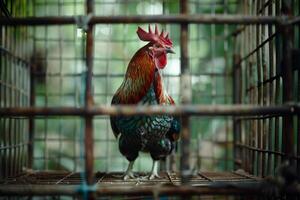 A rooster is standing in a cage photo