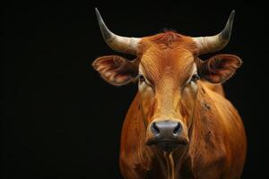 A close up of a brown cow with horns photo