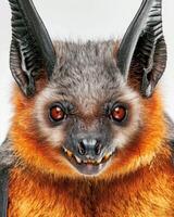 A close up of a bat with big teeth photo