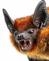 A close up of a bat with its mouth open photo