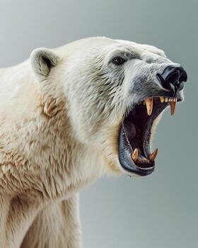 A polar bear with its mouth open and its teeth showing photo