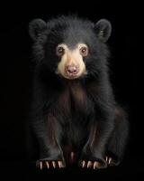 A black bear cub sitting on a black background photo