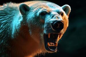 A polar bear with its mouth open and its teeth showing photo