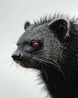 A close up of a black animal with red eyes photo