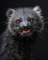 A close up of a black and white animal with its mouth open photo