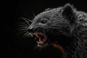A black animal with its mouth open photo