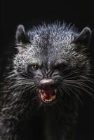 A close up of a raccoon with its mouth open photo