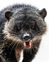A close up of a black animal with its mouth open photo