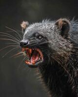 A close up of a black animal with its mouth open photo
