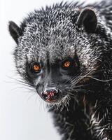 A close up of a black animal with orange eyes photo