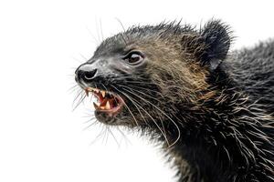 A close up of a black animal with its mouth open photo
