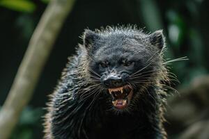 A close up of a black animal with its mouth open photo