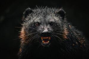 A close up of a black animal with its mouth open photo