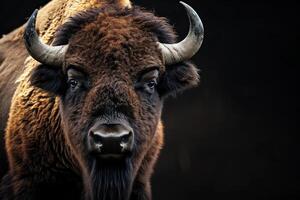 A bison is standing in front of a dark background photo
