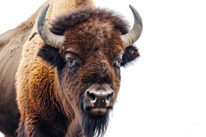A bison is standing in front of a white background photo