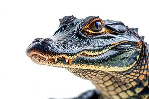 A large alligator with a white background photo