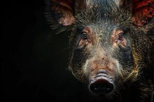 A close up of a pig with a dark background photo