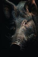A close up of a pig's face photo