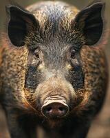 A close up of a pig with a blurry background photo