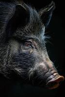 A close up of a wild boar with a black background photo
